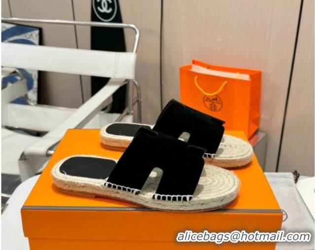 Luxury Cheap Hermes Izmir Espadrille Flat Slides Sandal in Suede Black 815066