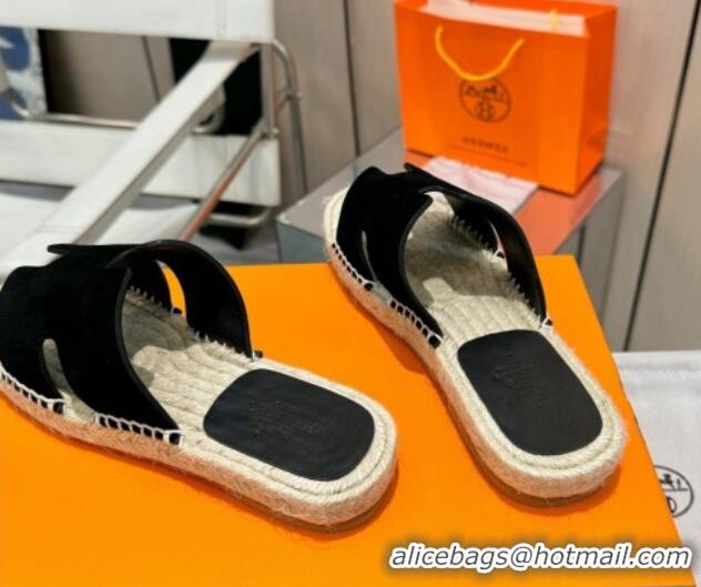 Luxury Cheap Hermes Izmir Espadrille Flat Slides Sandal in Suede Black 815066