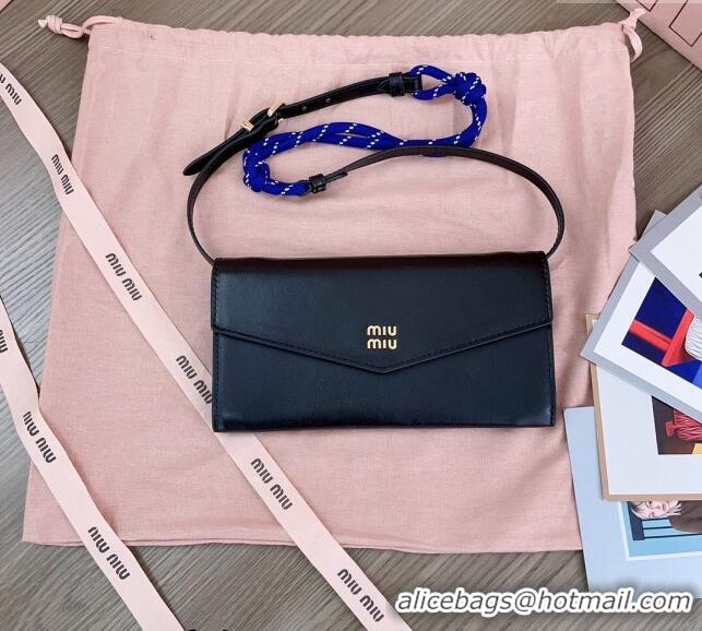 Top Design Miu Miu Leather wallet with leather and cord shoulder strap 5MT025 Black 2024