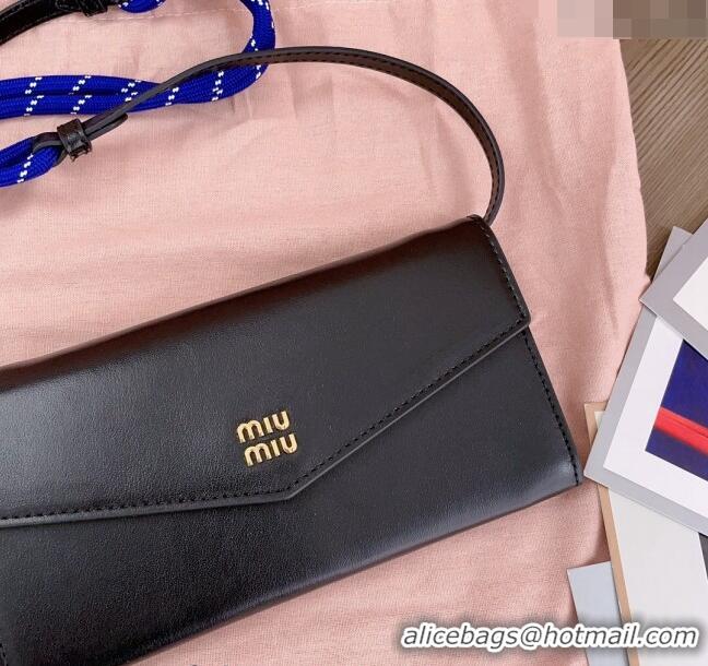 Top Design Miu Miu Leather wallet with leather and cord shoulder strap 5MT025 Black 2024