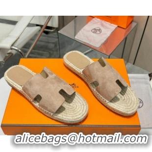 Sumptuous Hermes Izmir Espadrille Flat Slides Sandal in Suede Beige 815067