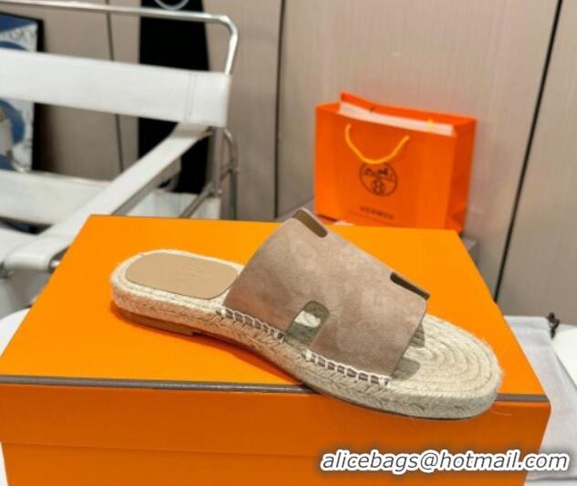 Sumptuous Hermes Izmir Espadrille Flat Slides Sandal in Suede Beige 815067