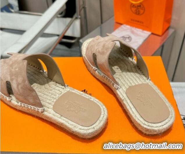 Sumptuous Hermes Izmir Espadrille Flat Slides Sandal in Suede Beige 815067