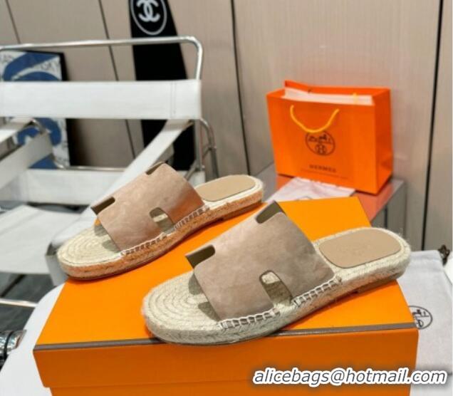 Sumptuous Hermes Izmir Espadrille Flat Slides Sandal in Suede Beige 815067