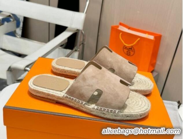 Sumptuous Hermes Izmir Espadrille Flat Slides Sandal in Suede Beige 815067