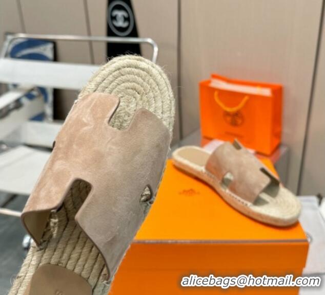 Sumptuous Hermes Izmir Espadrille Flat Slides Sandal in Suede Beige 815067