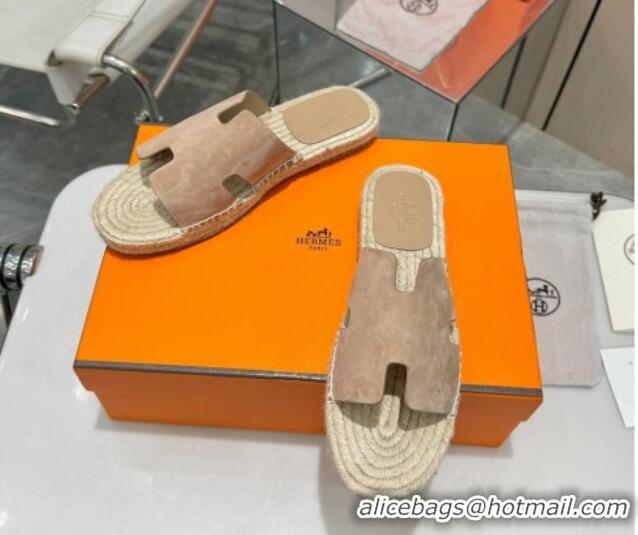 Sumptuous Hermes Izmir Espadrille Flat Slides Sandal in Suede Beige 815067