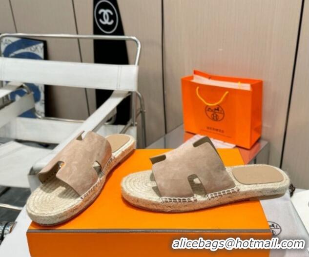 Sumptuous Hermes Izmir Espadrille Flat Slides Sandal in Suede Beige 815067