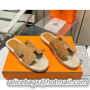 Good Product Hermes Izmir Espadrille Flat Slides Sandal in Suede Brown 815068