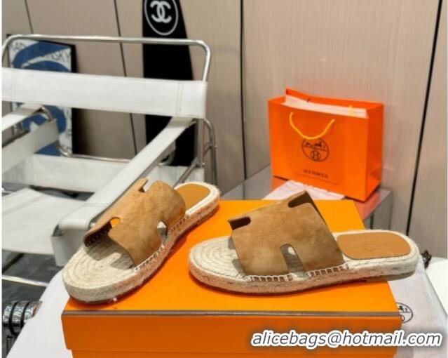 Good Product Hermes Izmir Espadrille Flat Slides Sandal in Suede Brown 815068