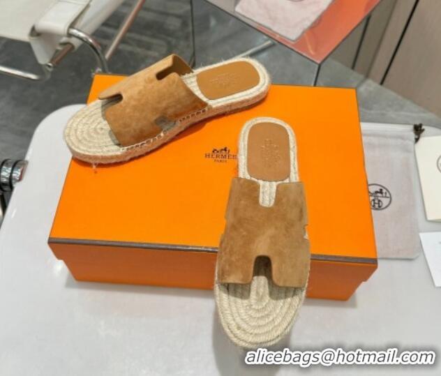 Good Product Hermes Izmir Espadrille Flat Slides Sandal in Suede Brown 815068