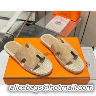 Popular Style Hermes Izmir Espadrille Flat Slides Sandal in Suede Apricot 815069