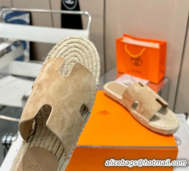 Popular Style Hermes Izmir Espadrille Flat Slides Sandal in Suede Apricot 815069