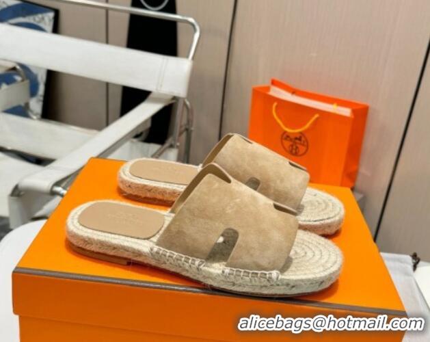 Popular Style Hermes Izmir Espadrille Flat Slides Sandal in Suede Apricot 815069