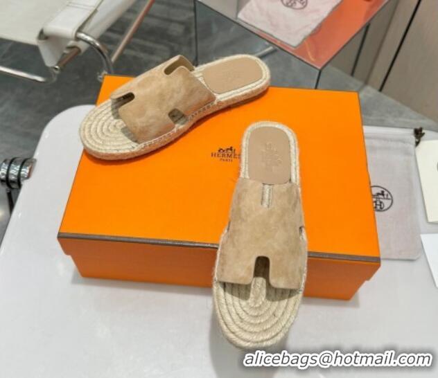 Popular Style Hermes Izmir Espadrille Flat Slides Sandal in Suede Apricot 815069