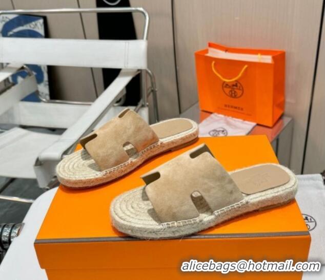 Popular Style Hermes Izmir Espadrille Flat Slides Sandal in Suede Apricot 815069