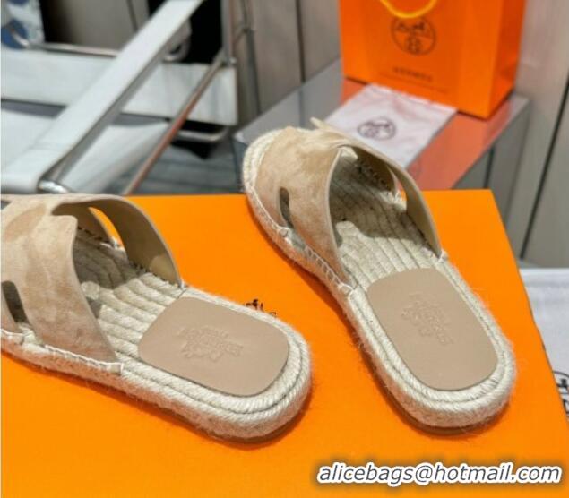 Popular Style Hermes Izmir Espadrille Flat Slides Sandal in Suede Apricot 815069