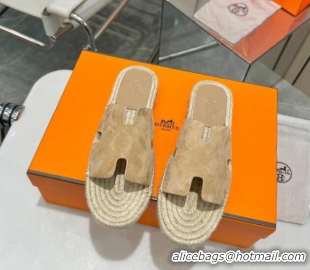 Popular Style Hermes Izmir Espadrille Flat Slides Sandal in Suede Apricot 815069