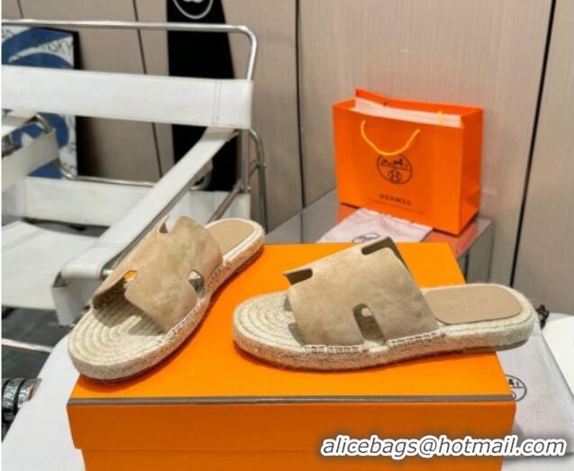 Popular Style Hermes Izmir Espadrille Flat Slides Sandal in Suede Apricot 815069