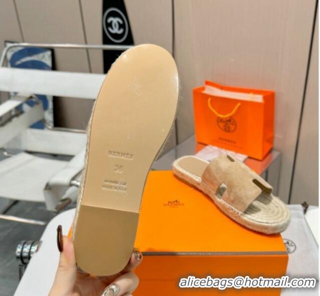 Popular Style Hermes Izmir Espadrille Flat Slides Sandal in Suede Apricot 815069