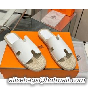 Stylish Hermes Izmir Espadrille Flat Slides Sandal in Smooth Calfskin White 815070