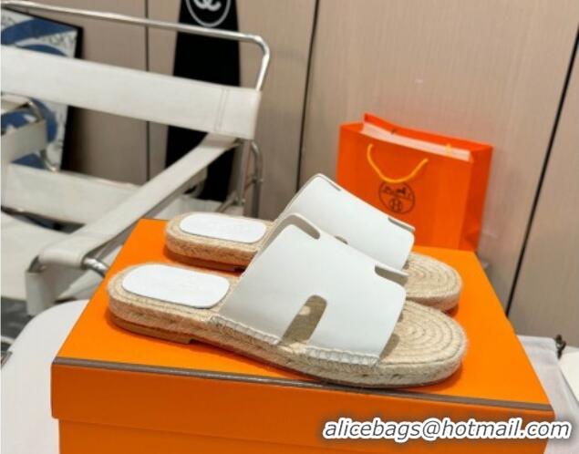 Stylish Hermes Izmir Espadrille Flat Slides Sandal in Smooth Calfskin White 815070