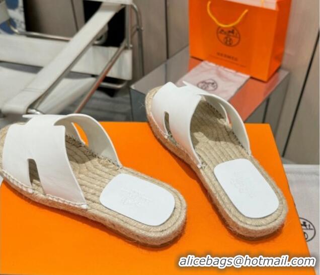 Stylish Hermes Izmir Espadrille Flat Slides Sandal in Smooth Calfskin White 815070