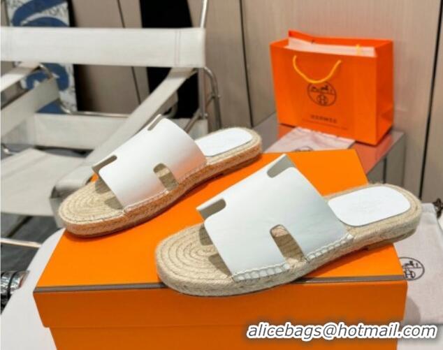 Stylish Hermes Izmir Espadrille Flat Slides Sandal in Smooth Calfskin White 815070