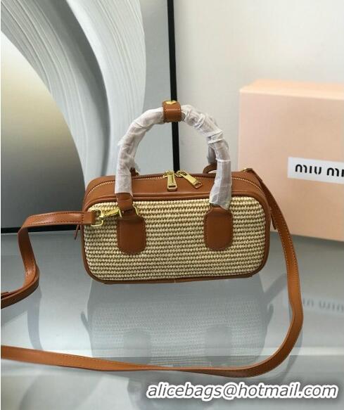 Famous Brand Miu Miu Straw Bowling Bag 0513 Brown 2024