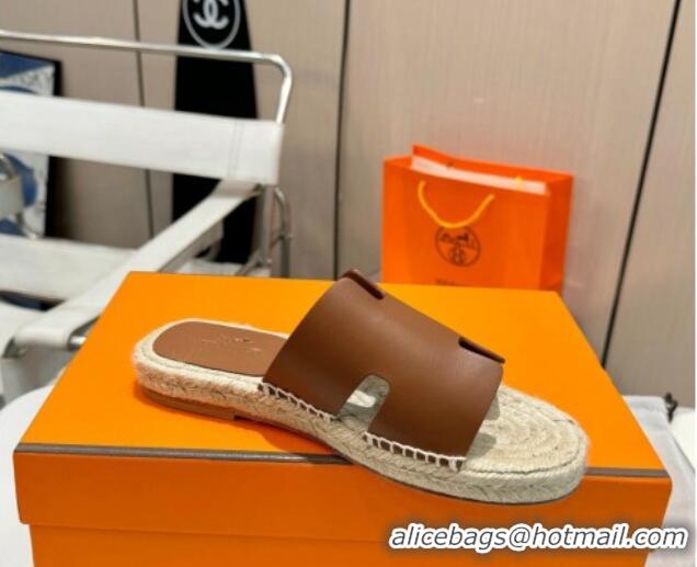 Big Discount Hermes Izmir Espadrille Flat Slides Sandal in Smooth Calfskin Dark Brown 815071