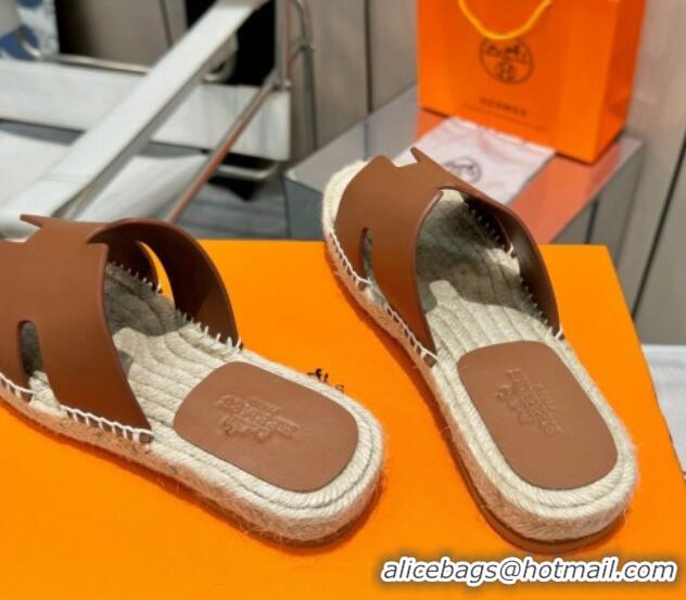 Big Discount Hermes Izmir Espadrille Flat Slides Sandal in Smooth Calfskin Dark Brown 815071