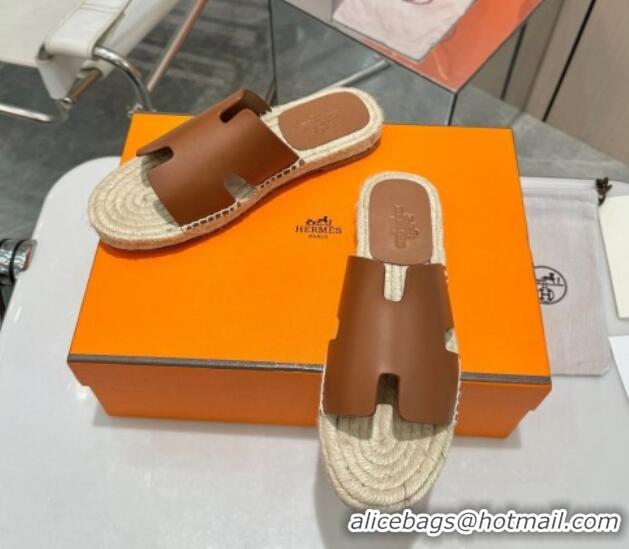 Big Discount Hermes Izmir Espadrille Flat Slides Sandal in Smooth Calfskin Dark Brown 815071