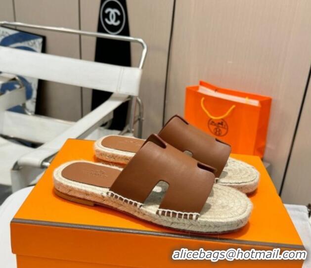 Big Discount Hermes Izmir Espadrille Flat Slides Sandal in Smooth Calfskin Dark Brown 815071