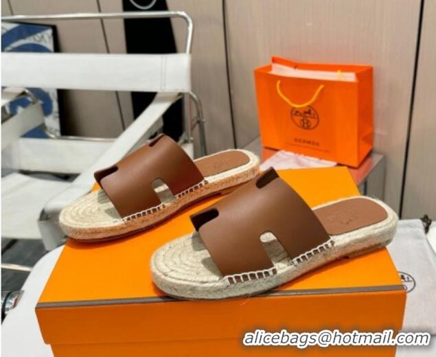 Big Discount Hermes Izmir Espadrille Flat Slides Sandal in Smooth Calfskin Dark Brown 815071