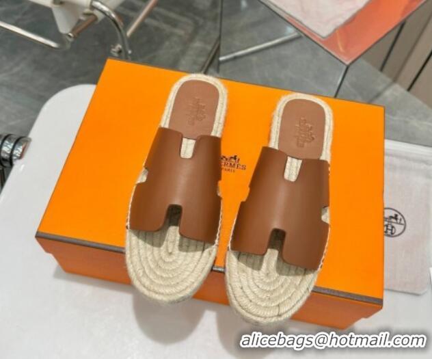 Big Discount Hermes Izmir Espadrille Flat Slides Sandal in Smooth Calfskin Dark Brown 815071