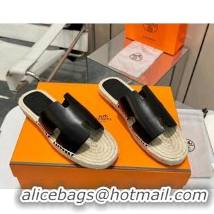 Sophisticated Hermes Izmir Espadrille Flat Slides Sandal in Smooth Calfskin Black 815072