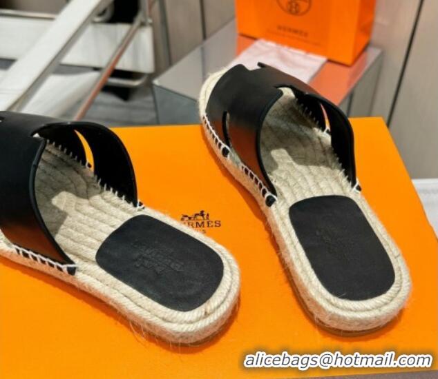 Sophisticated Hermes Izmir Espadrille Flat Slides Sandal in Smooth Calfskin Black 815072