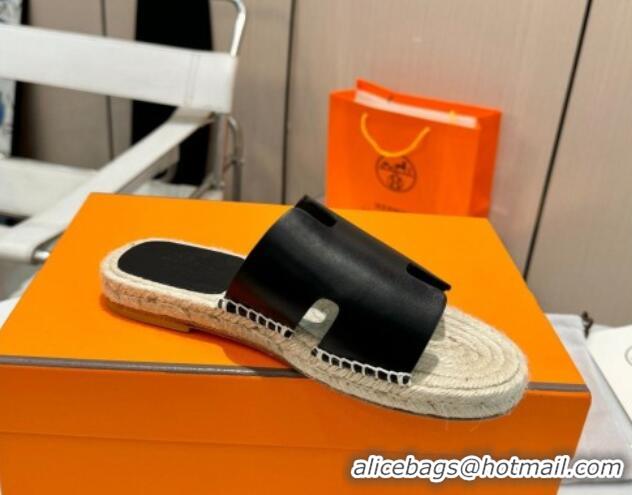 Sophisticated Hermes Izmir Espadrille Flat Slides Sandal in Smooth Calfskin Black 815072