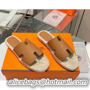 Hot Style Hermes Izmir Espadrille Flat Slides Sandal in Smooth Calfskin Brown 815073