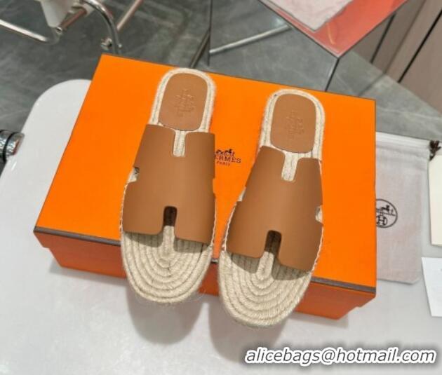 Hot Style Hermes Izmir Espadrille Flat Slides Sandal in Smooth Calfskin Brown 815073