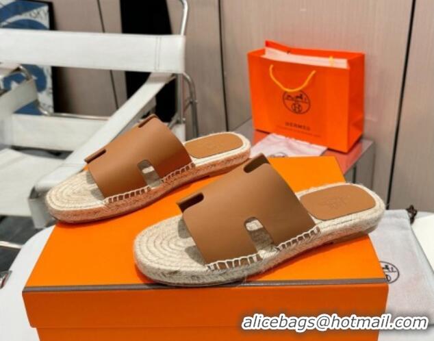 Hot Style Hermes Izmir Espadrille Flat Slides Sandal in Smooth Calfskin Brown 815073