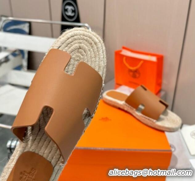 Hot Style Hermes Izmir Espadrille Flat Slides Sandal in Smooth Calfskin Brown 815073