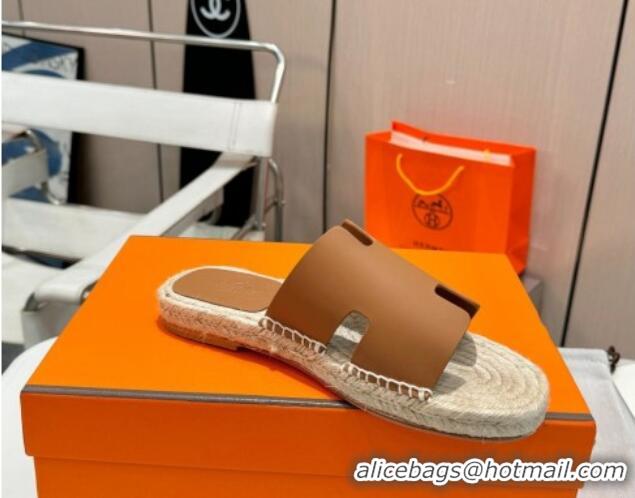 Hot Style Hermes Izmir Espadrille Flat Slides Sandal in Smooth Calfskin Brown 815073