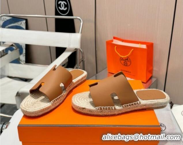 Hot Style Hermes Izmir Espadrille Flat Slides Sandal in Smooth Calfskin Brown 815073