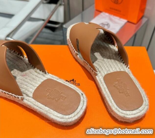 Hot Style Hermes Izmir Espadrille Flat Slides Sandal in Smooth Calfskin Brown 815073