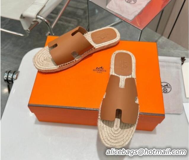 Hot Style Hermes Izmir Espadrille Flat Slides Sandal in Smooth Calfskin Brown 815073