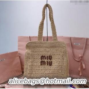 Luxury Discount Miu Miu Woven fabric Tote bag 5BG230 Beige/Brown 2024