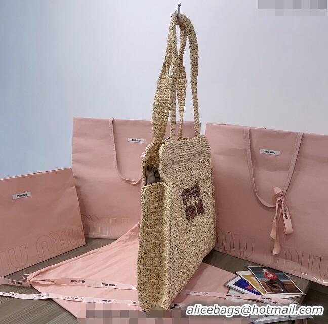 Luxury Discount Miu Miu Woven fabric Tote bag 5BG230 Beige/Brown 2024