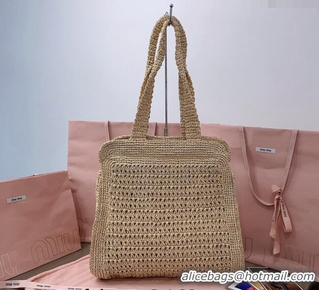 Luxury Discount Miu Miu Woven fabric Tote bag 5BG230 Beige/Brown 2024