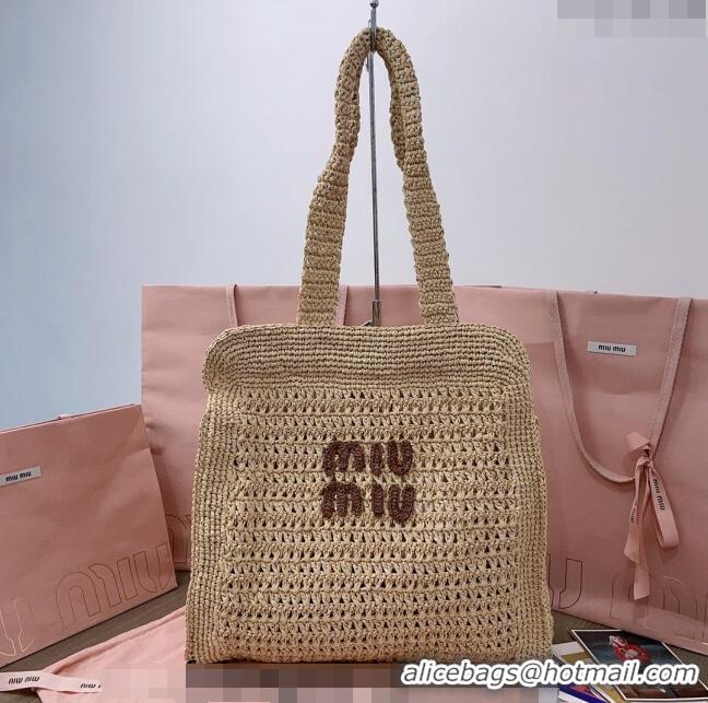 Luxury Discount Miu Miu Woven fabric Tote bag 5BG230 Beige/Brown 2024